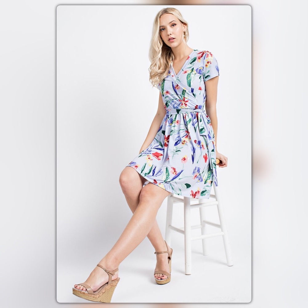 Baby Blue Floral Wrap Dress - Picture 2 of 3